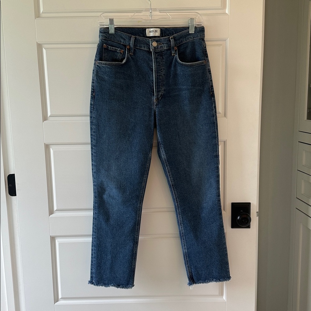 Agolde Riley Jeans Women's 27 Blue Button Fly Raw Hem Cropped High Rise